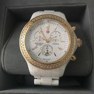 Michele Jetway White Ceramic Diamond Gold watch